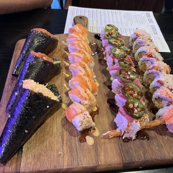 Sushi Okoku - Spicy Tuna Hand Roll; spicy crab hand roll; Honeymoon Roll; Ex-Girlfriend Roll; Double Shrimp Roll - Sushi Bars Near Me - Riverside, California Sushi Okoku - Spicy Tuna Hand Roll; spicy crab hand roll; Honeymoon Roll; Ex-Girlfriend Roll; Double Shrimp Roll - Sushi Bars Near Me - Riverside, California