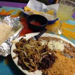 Ribeye steak with mushroom, onions, rice and beans. Plus a $2.99 Tuesday night margarita.
