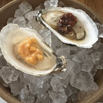 Common Thread Savannah - Had to try ginger/chili and then the lighter was peach something but both were soooo good and we don't even usually enjoy raw oysters! - New American Near Me - Savannah, Georgia
