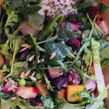 The Crack Shack - Downward dog with grilled vegetables, sunflower seeds, quinoa, hummus with lemon yogurt vinaigrette - New American Near Me - Encinitas, California