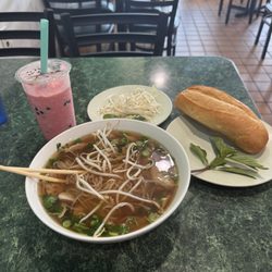 Pho Pacific - 1. Chicken Pho 2. Side bread 3. Watermelon Smoothie