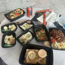 Shrimp shumai, chicken dumplings, katsu plate, katsu don, blue crab rangoons, cured salmon