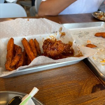 Katy Hoodadak - Sweet and Spicy Chicken with sweet potato fries.   Bulgoki sandwich, (it's all gone)  Food was ok, choice of music not family friendly. - Chicken Shop Near Me - Katy, Texas