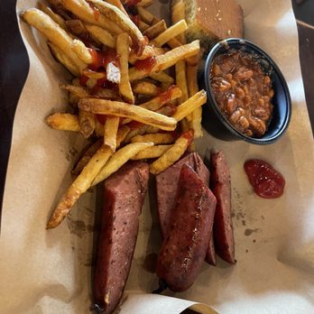 Mission BBQ - 2 meat sampler w/ all sausage, baked beans & fries $13.19 (plus XXL combo $7.50 extra, choice of 2 sides & drink so $20+) - Barbeque Near Me - Colonial Heights, Virginia