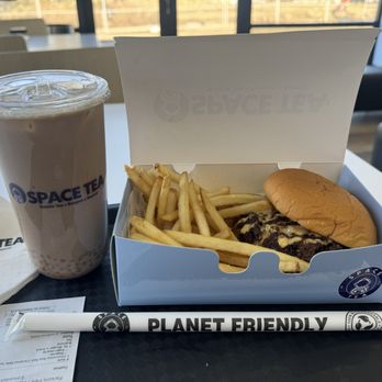 Space Tea - Caramel sea salt chocolate milk tea with sago and XL smash burger with fries - Bubble Tea Near Me - Edmonton, Alberta