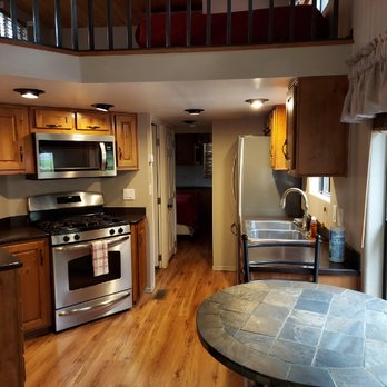 JW Durango Riverside - Kitchen and layout of the Lone Cone Cabin (linens and towels provided) - Campgrounds Near Me - Durango, Colorado