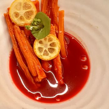 Tomo - Dehydrated/Rehydrated Carrots in Aquachile with Strawberry Chamoy and Coriander - New American Near Me - Seattle, Washington Tomo - Dehydrated/Rehydrated Carrots in Aquachile with Strawberry Chamoy and Coriander - New American Near Me - Seattle, Washington