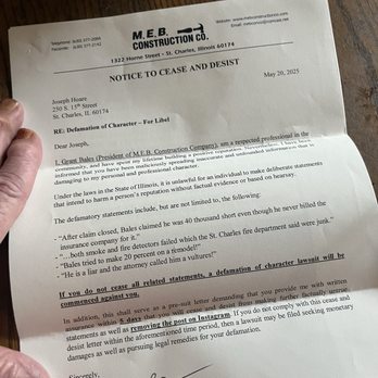 Meb Construction - A bogus cease and desist letter from MEB to stop complaining - General Contractors Near Me - Saint Charles, Illinois