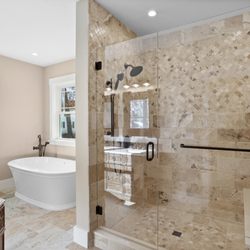 Century Carpet & Creative Floors - Custom travertine primary bath