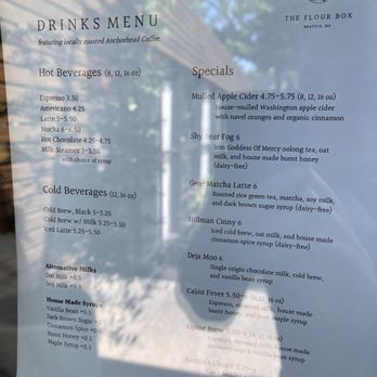 The Flour Box - Drink menu at The Flour Box in Seattle. - Bakeries Near Me - Seattle, Washington The Flour Box - Drink menu at The Flour Box in Seattle. - Bakeries Near Me - Seattle, Washington