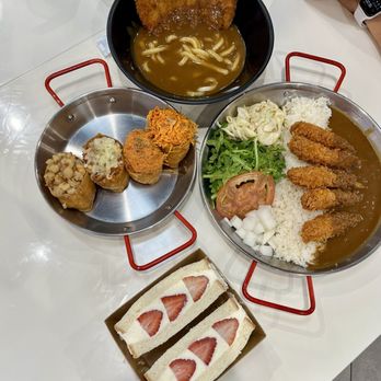 Katsu Bar - Mushroom Tempura Shrimp Curry Plate Yubu Set (choose 4) Strawberry Sando Curry Udon with Katsu - Japanese Curry Near Me - Irvine, California