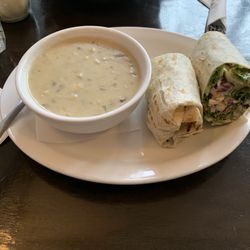 1000 Island Restaurant & Pizzeria - Mushroom and bacon soup with Greek veggie wrap