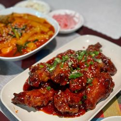 Modurang Family Korean Restaurant - A5. Fried Chicken in Sauce: so delicious! Nice crispy chicken drenched in sticky sweet and mild spicy sauce.  (A4. Tteokbbokki in the back)