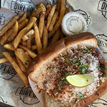 Dirt Dog Downey - Elote Dog with Garlic Fries (upgrade) - Hot Dogs Near Me - Downey, California Dirt Dog Downey - Elote Dog with Garlic Fries (upgrade) - Hot Dogs Near Me - Downey, California