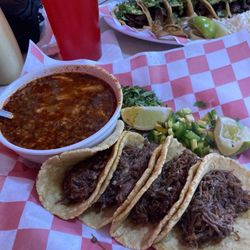 Leo's Taqueria - Six fajita tacos with a lemon aid .And four barbacoa tacos with a medium bowl of menudo and a Mexican coke.Tortillas made in house.