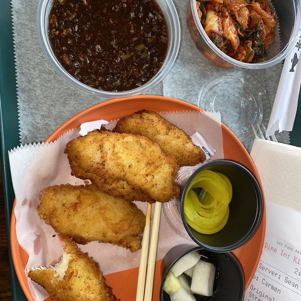 Korean street chicken, pickled radish, kimchi, house jjajang sauce. So freakin good. And not crazy expensive either. Korean street chicken, pickled radish, kimchi, house jjajang sauce. So freakin good. And not crazy expensive either.