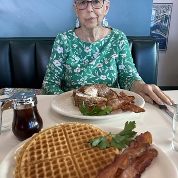 24th Street Cafe - Waffle and bacon in the front, Mom and her French toast with bacon in the back - Diners Near Me - Bakersfield, California 24th Street Cafe - Waffle and bacon in the front, Mom and her French toast with bacon in the back - Diners Near Me - Bakersfield, California