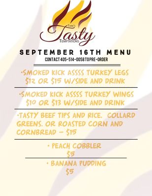 Different Weekly Menu & Specials! - We offer tons of different menu options and Pre-Order options! All Meals come with one meat, two sides, 2 rolls, and a drink. Call or Text today for your Order! Different Weekly Menu & Specials! - We offer tons of different menu options and Pre-Order options! All Meals come with one meat, two sides, 2 rolls, and a drink. Call or Text today for your Order!