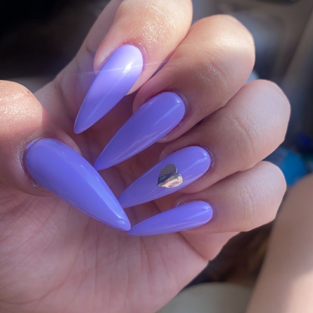 Cathy's Nail & Spa - Purple long almond shape nails w/ silver heart sticker - Nail Salons Near Me - West Covina, California Cathy's Nail & Spa - Purple long almond shape nails w/ silver heart sticker - Nail Salons Near Me - West Covina, California