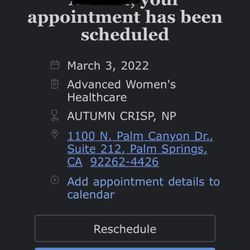 Advanced Women's Healthcare - This is the appointment reminder. Do you see a time?? I don't.