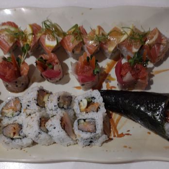 OB Sushiya - Top row - Jasmine Roll, Middle row - Cherry Blossom, Bottom row - Spicy Hercules and an eel hand roll - Sushi Bars Near Me - San Diego, California