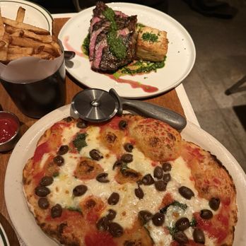 Montesacro Pinseria Brooklyn - Margherita with olives, NY strip, side of fries - Italian Near Me - Brooklyn, New York Montesacro Pinseria Brooklyn - Margherita with olives, NY strip, side of fries - Italian Near Me - Brooklyn, New York