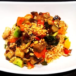 Custom Cuisine - Thai Peanut Eggplant and Broccoli over Brown Rice Pilaf