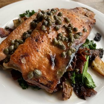 Midway Mercantile - River trout and hearty greens- over cooked trout and so many capers it tasted pickled. The greens were nearly missing and burned root veg. - New American Near Me - Midway, Utah Midway Mercantile - River trout and hearty greens- over cooked trout and so many capers it tasted pickled. The greens were nearly missing and burned root veg. - New American Near Me - Midway, Utah