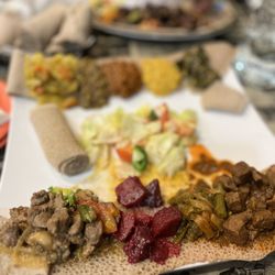 Bole Ethiopian Restaurant - Recommended sampler. Every single dish was fantastic--especially w the injeera bread.
