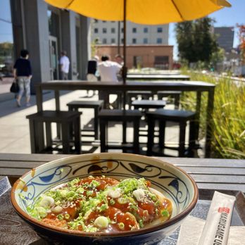 Marugame Udon - Outdoor patio with a bowl of teriyaki chicken udon - Japanese Near Me - Berkeley, California