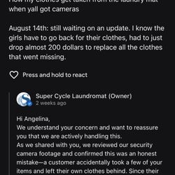 Suds 2000 - This is me having to deal with this laundry mat, my partners clothes got stolen and they said they would reach out since it was an accident.