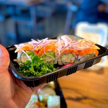 Sushi Kyo - Alaskan Roll - crab, avocado, cucumber in and salmon, lemon, onion out with a soy/mustard sauce. Hubby loved it! - Japanese Near Me - Monrovia, California