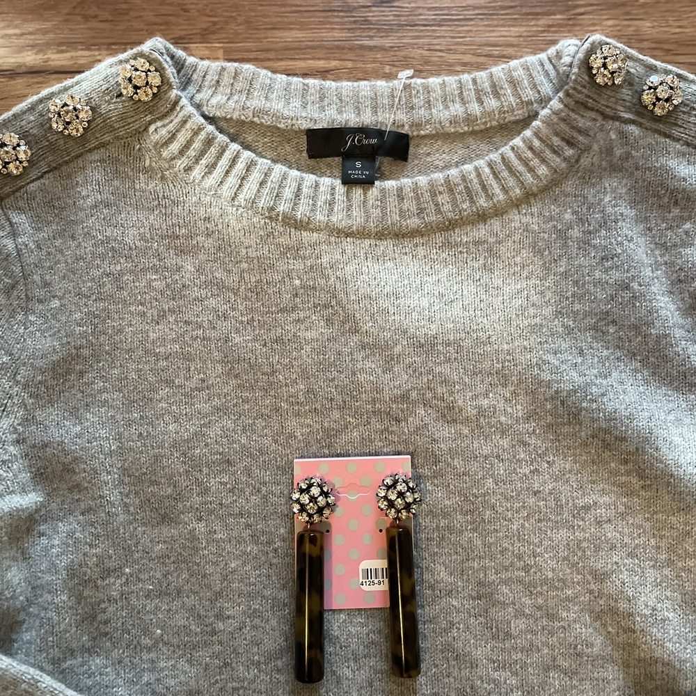 Designer's Consignment - J. Crew lambswool sweater with rhinestones and a pair of tortoise shell earrings - Used, Vintage & Consignment Near Me - Savannah, Georgia