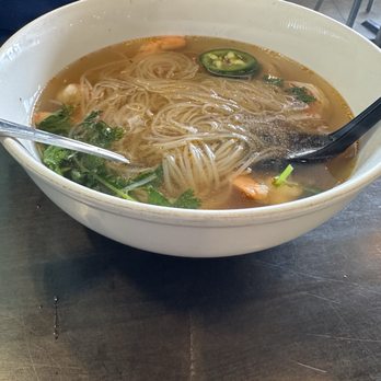 What the Pho - Shrimp pho large size on a small size bowl half way empty... - Vietnamese Near Me - Parker, Colorado