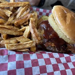 Westovers Country Grill - The bacon, onion ring and bbq sauce burger with fries