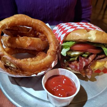 Burger Me! - Bison burger with onion rings - American Near Me - Reno, Nevada