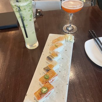 Miku - Salmon oshi and Drinks are left: shiso mojito and right: paper crane - Japanese Near Me - Vancouver, British Columbia