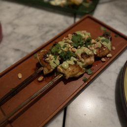 Chicken Thigh Skewers - 10/10 Juicy and tender chicken (3 1" pieces of chicken per skewer) with a yummy peanut sauce