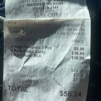Sapporo Sushi - I was charged $7.34 for an "auto gratuity" on a 3 item TO GO. - Sushi Bars Near Me - Menifee, California Sapporo Sushi - I was charged $7.34 for an "auto gratuity" on a 3 item TO GO. - Sushi Bars Near Me - Menifee, California