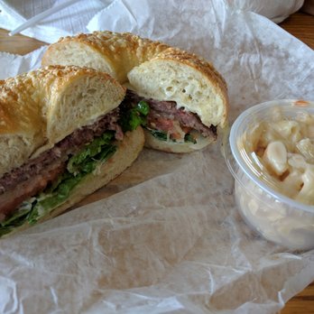 Fancy Bagels - Fancy bagel burger with a side of macaroni salad - Bagels Near Me - Farmington, Connecticut