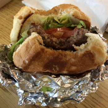 Five Guys - Little hamburger with lettuce, tomatoes, grilled onions, pickles and barbecue sauce - Burgers Near Me - Burlingame, California