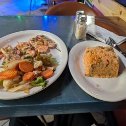 Monserrate Restaurant Bar & Grill - Grilled shrimp with vegetables and rice as sides. 20 dollars