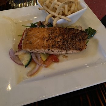 Lunch. Supper! - Salmon with sautéed vegetables and fries - New American Near Me - Richmond, Virginia Lunch. Supper! - Salmon with sautéed vegetables and fries - New American Near Me - Richmond, Virginia