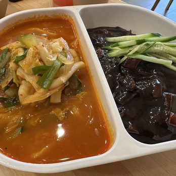 Starbelly Asian kitchen & Ramen - OMG Combo Bowl - Black Bean Noodle and Jjam Pong (Spicy Seafood Noodle Soup) - Noodles Near Me - Montclair, California Starbelly Asian kitchen & Ramen - OMG Combo Bowl - Black Bean Noodle and Jjam Pong (Spicy Seafood Noodle Soup) - Noodles Near Me - Montclair, California