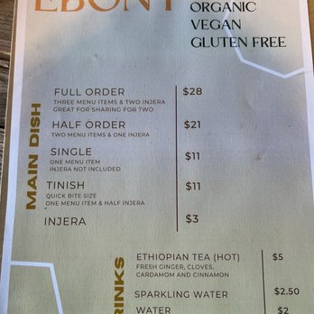 Ebony - Menu - Ethiopian Near Me - San Luis Obispo, California