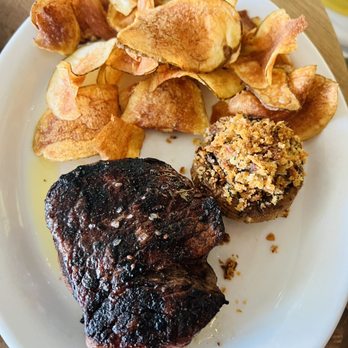 Echo & Rig - Filet Mignon with garlic chips and a stuffed mushroom - Steakhouses Near Me - Sacramento, California