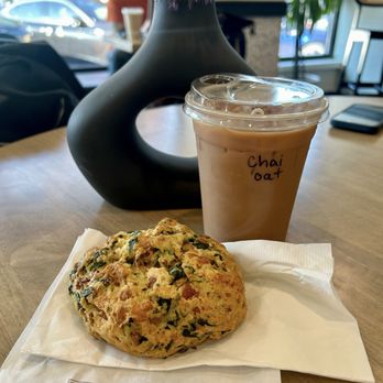 Cook Street Coffee - Spinach, bacon and cheese scone & chai latte - Coffee & Tea Near Me - Barrington, Illinois