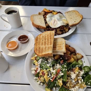 Garden Cafe - Veggie Scramble, with Louisiana  sausage added, and my guy had Corned beef hash..so good - Breakfast & Brunch Near Me - San Rafael, California