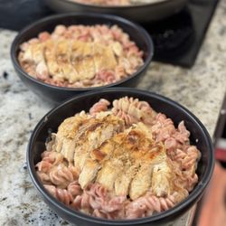 The Chubby Cupboard - Cooked at home with The Chubby Cupboard's beet fusilli and Alfredo sauce
