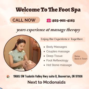 The Foot Spa - Massage is becoming more popular as people now understand the
benefits of a regular massage session to their health and well... - Beauty & Spas Near Me - Beaverton, Oregon The Foot Spa - Massage is becoming more popular as people now understand the
benefits of a regular massage session to their health and well... - Beauty & Spas Near Me - Beaverton, Oregon